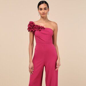 Lulus Damara Magenta Floral Applique One-shoulder Jumpsuit Pink - Size L